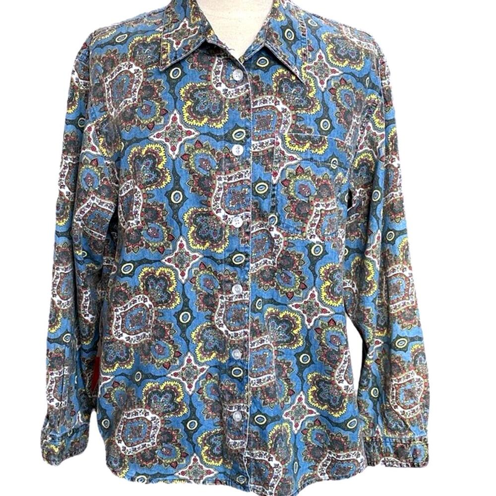 Liz Claiborne PL Paisley Faded Denim Shirt Western Boho Cottagecore
